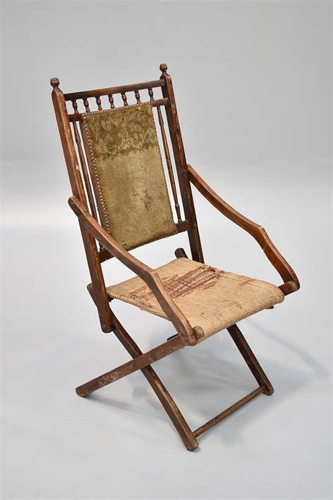 Folding Elbow Deck Chair with Worn Beige Fabric Seat & Back - The ...