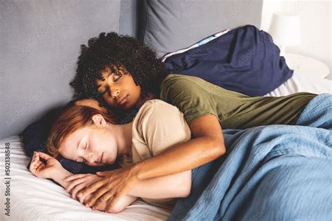 young lesbian couple lying  sleeping   bed lgbt lifestyle