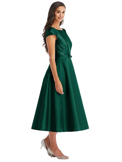 Puff Sleeve Bow-waist Full Skirt Satin Midi Bridesmaid Dress In Hunter