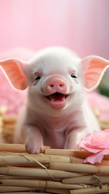 Premium AI Image | cute mini pig smiling on pink pastel background