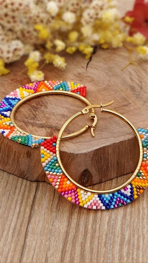 Rainbow seed bead hoop earrings beaded hoop earrings hoop earrings ...