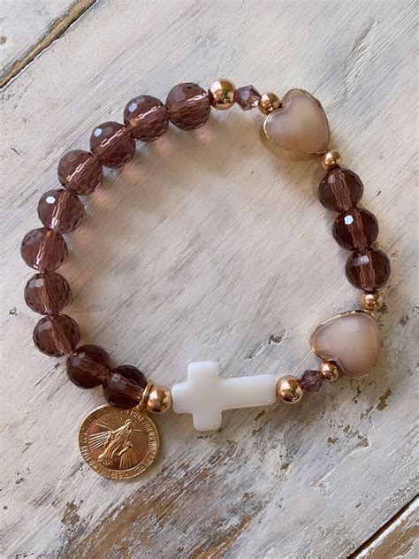 Decade Rosary Bracelet With Rose Gold Filled Beads and Blush Pink Bezeled Heart Beads/ Mocha ...