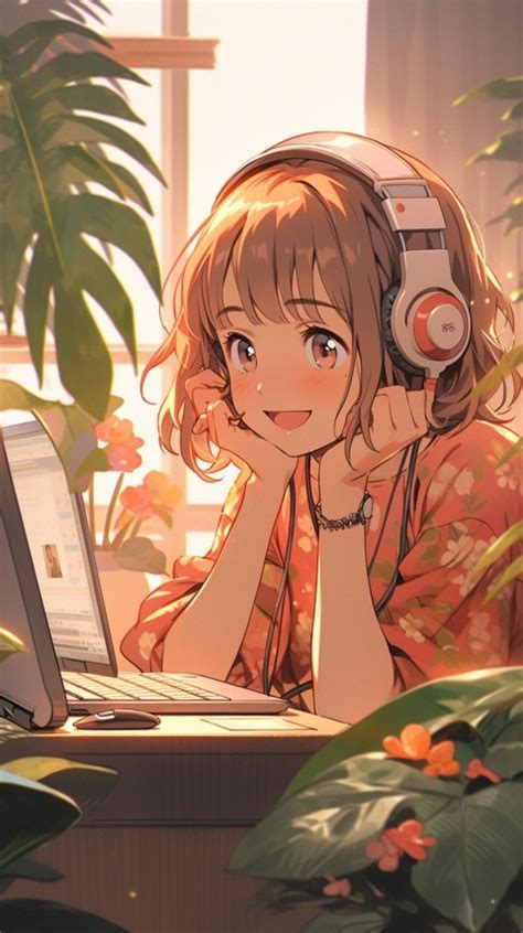 Cute Happy Anime Girl using Laptop Computer Aesthetic (372) Wallpaper ...