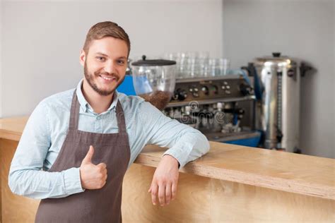 Cheerful Male Cafe Worker is Expressing Positive Stock Image - Image of ...