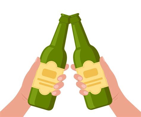 Cheers with beer bottles. Hands holding bottles with alcohol drinks