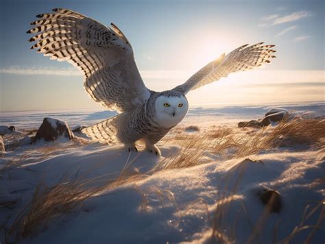 premium ai image flight   snowy owl   arctic tundra