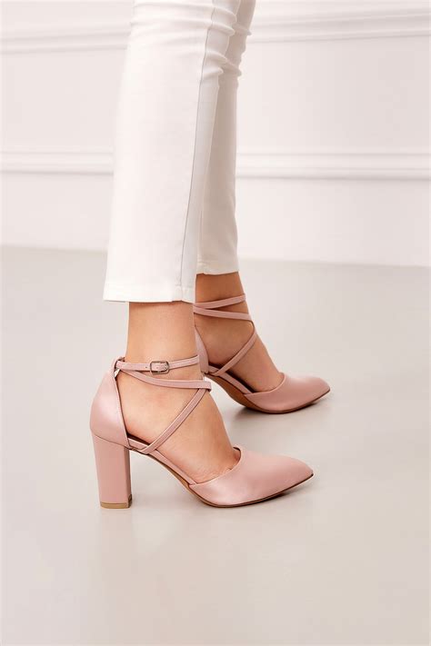 Satin Block Heels Closed Toe in Blush Pink | Strappy Pumps