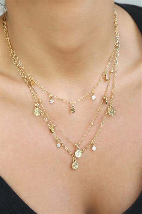 crystal detailed triple layer necklace gold necklace necklace