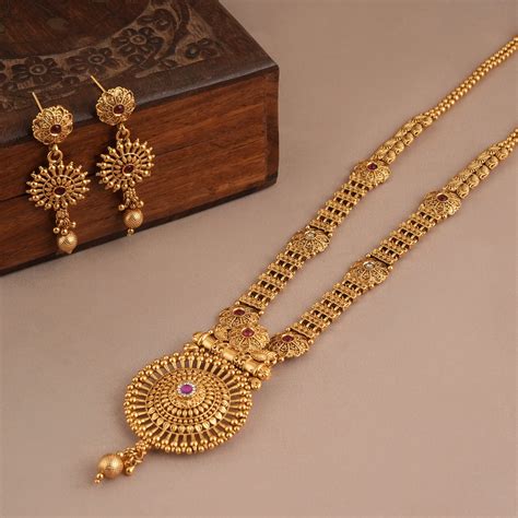 Beautiful antique gold long traditional necklace set - smarsjewelrys