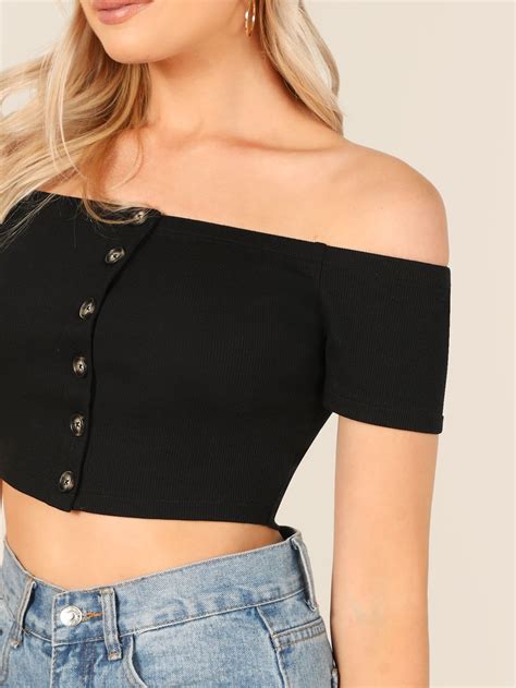 button  crop bardot top sheinsheinside tops street style women