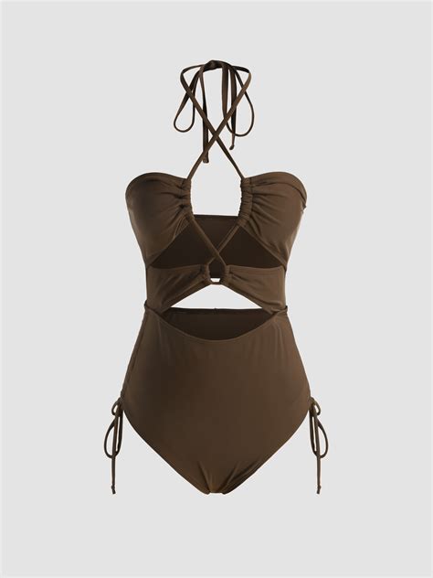 Solid Halter One Piece Swimsuit - Cider