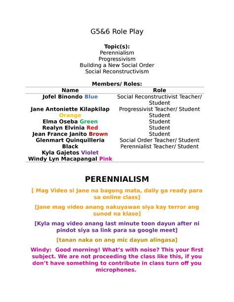 G56 Role Play Script - G5&6 Role Play Topic(s): Perennialism