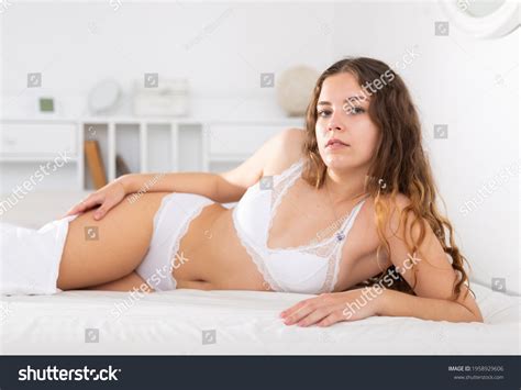 Young Beautiful Brunette Girl Lying Bed Stock Photo 1958929606