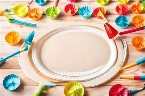 Premium AI Image | A plate with a colorful umbrella and a paper plate ...