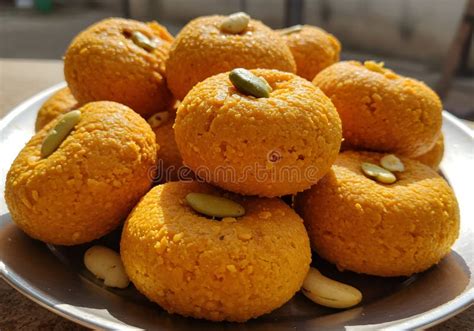 traditional indian motichoor laddu sweets   plate stock illustration