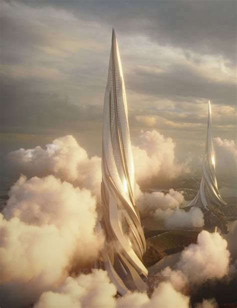 two futuristic skyscrapers in the middle of clouds