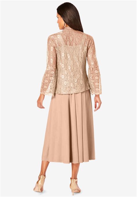 Fashionable Glitter & Lace Jacket Dress Set, Sparkling Champagne | Roaman's