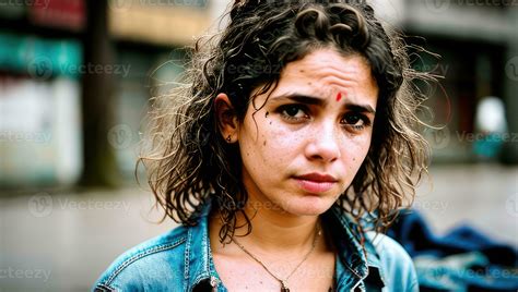 Portrait of homeless young girl is sitting on the road of abandoned wet