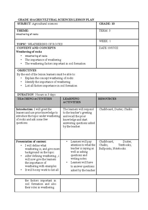 grade  agricultural sciences lesson plan grade  agricultural