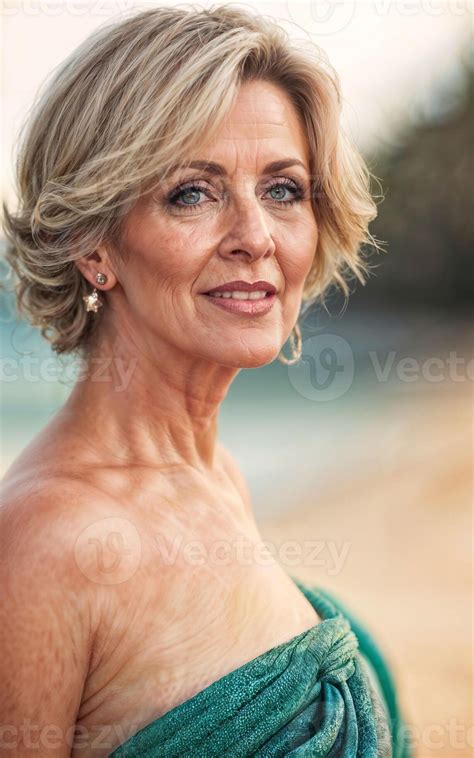 photo of white middle aged old lady american woman in dress at the sand