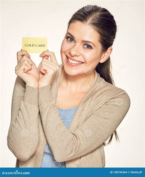 Happy Woman Holding Gold Credit Card. Stock Photo - Image of payment