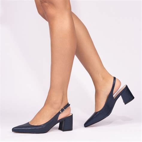 Flynn Navy Shimmer Wide Fit Low Block Heel Slingbacks