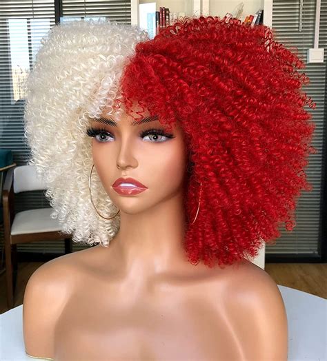 CurlCoo Short Curly Afro Wig for Black Women 14 Inch - White and Red