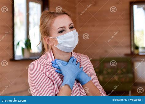 Woman in Medical Mask is Coughing at Home. Medical Person with Fits of ...