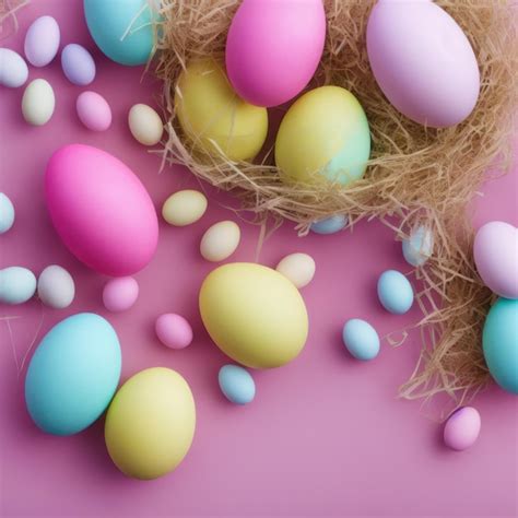 premium ai image  bunch  colorful easter eggs   pink background