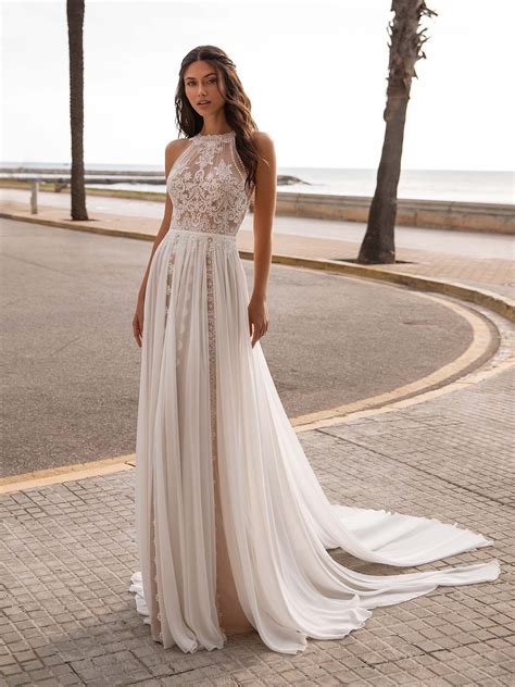 Boho Vintage Braut Brautkleid Chiffon Neckholder Fließend Schmal Spitze