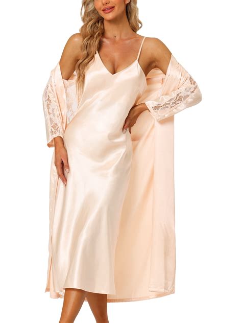 INSPIRE CHIC Women's Satin Nightwear Robe Nightgown Sets Lace Trim Long