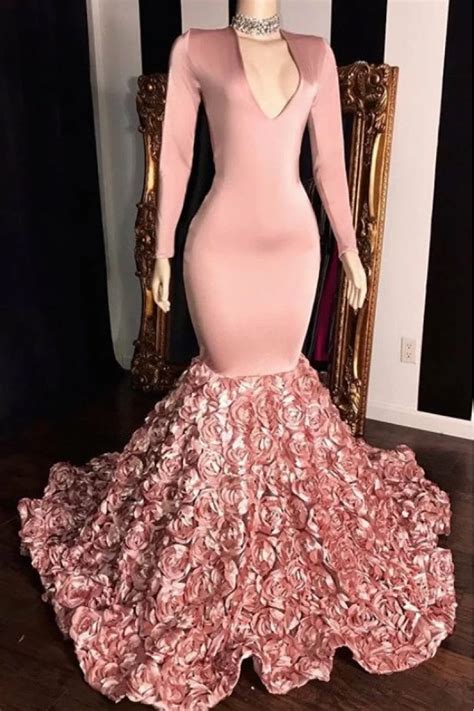 Elma Lovely Pink V-Neck Long Sleeves Mermaid Prom Dresses With Flowers