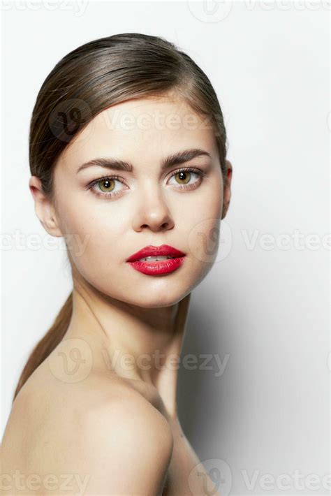 Beautiful woman nude shoulders red lips Sensual model 23770801 Stock