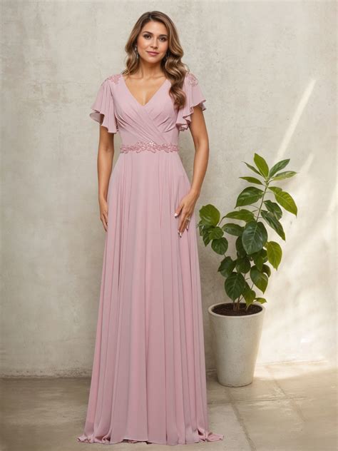 V-Neck Short Sleeves Beading Dusty Rose Mother Of The Bride Dress
