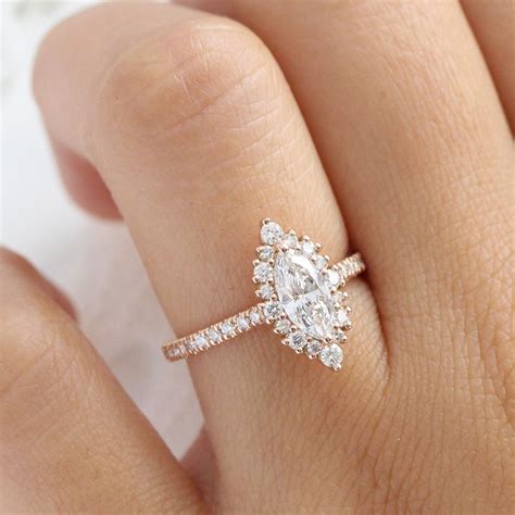 marquise lab grown diamond engagement ring rose gold halo pave ring