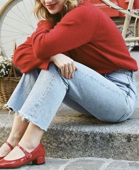 Red Classy Parisian Elegant Jeans Mary Janes Outfit Inspo