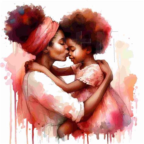 Mother and Daughter Lovingly Hugging Watercolor Clipart, African