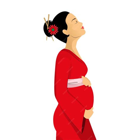 Premium Vector | Asian pregnant woman side view in red kimono tenderly