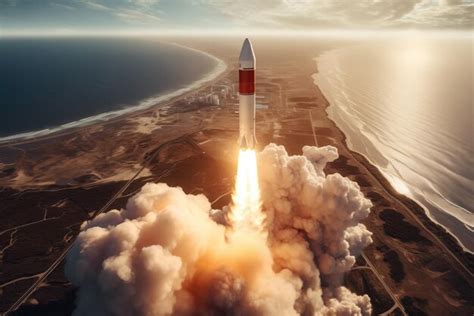aerial view  rocket launch  sunrise  ocean coast premium ai