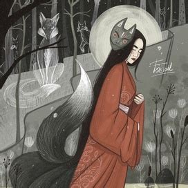 Иллюстрация Кицунэ в стиле полиграфия | Illustrators.ru