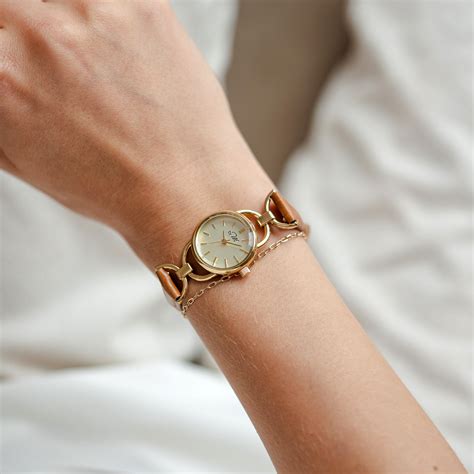 Small Round Gold Face Women's Watch Light Brown Leather Strap, Vintage