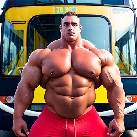 Big huge bodybuilder, standing next to a bus, very tight clothes, huge