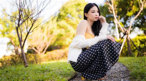 Asian, model, women, squatting, women outdoors, sensual gaze, long hair