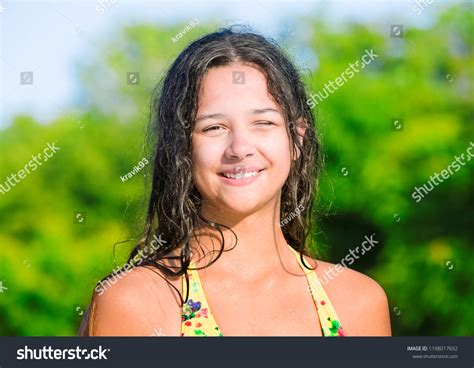 Pretty Teenage Girl Wearing Swimsuit River Stock Photo 1198017652