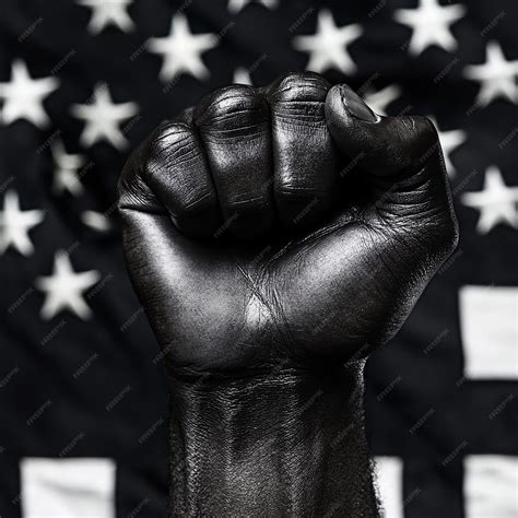 Ebony Fist in Front of a Black and White American Flag | Premium AI