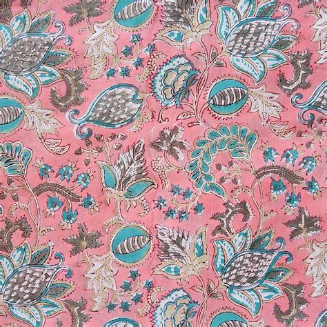 pure cotton jaipuri pink  teal flowers motif hand block print fabr