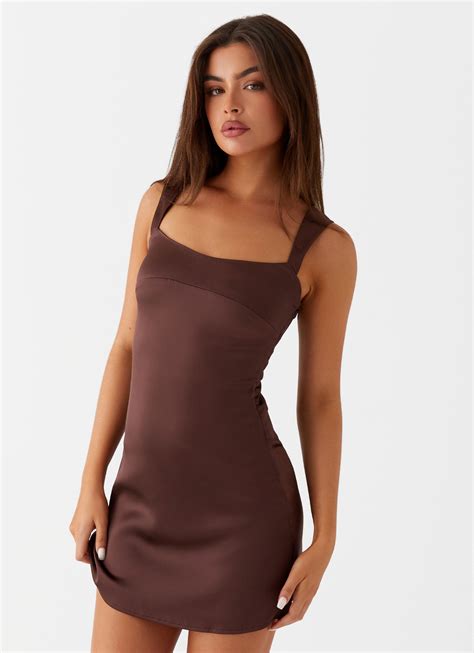 Odette Satin Mini Dress - Brown – Peppermayo US