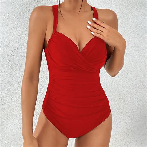 Rigardu one piece swimsuit women Women V Neck Swimsuits Ruched Swimwear