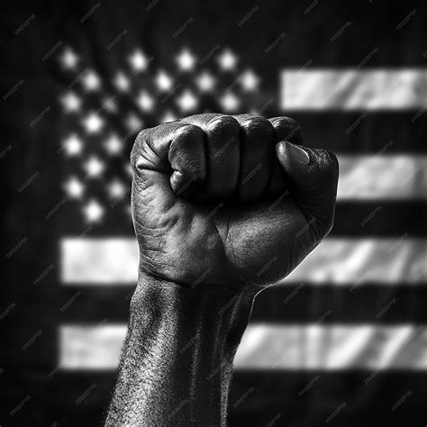 Ebony Fist in Front of a Black and White American Flag | Premium AI