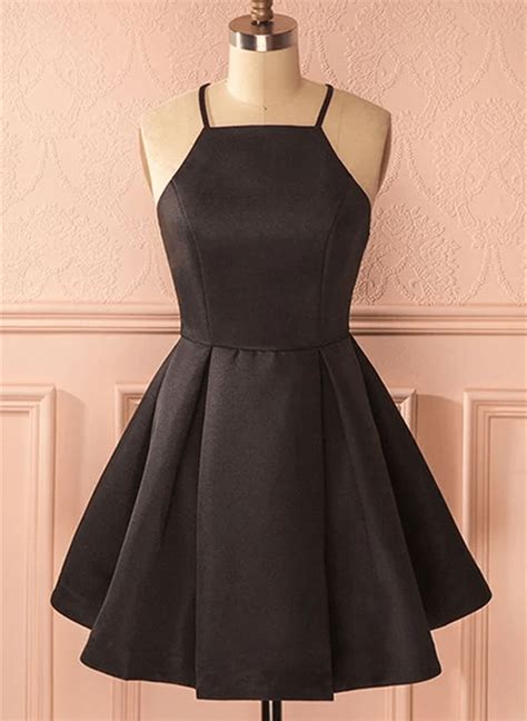 Black Satin Halter Short Party Dress, Black Homecoming Dress Formal Dr